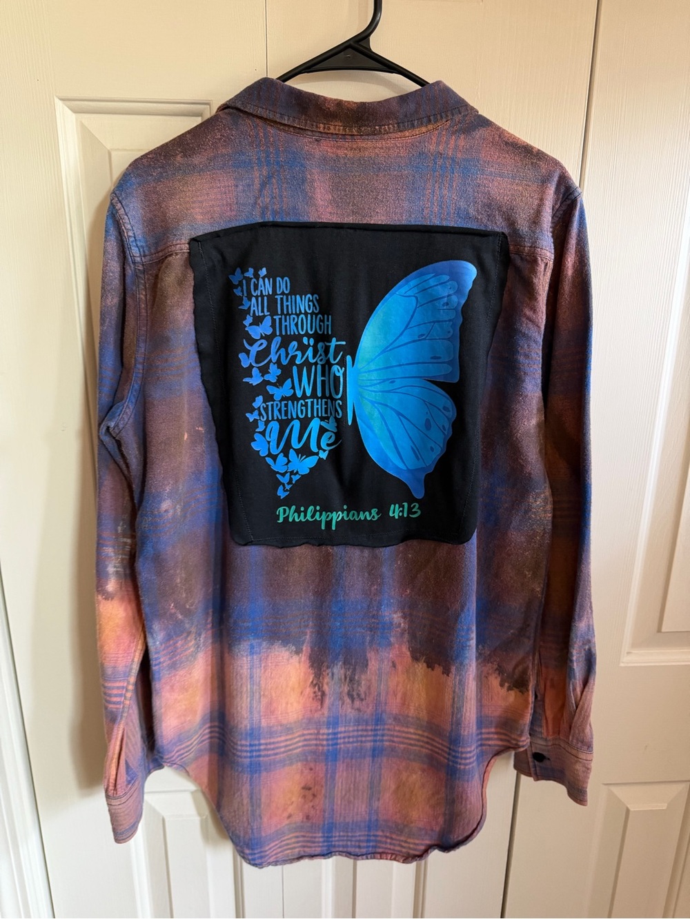 UPCYCLED Flannel PacSun men’s Med. Philippians 4:13, blue butterfly quote
